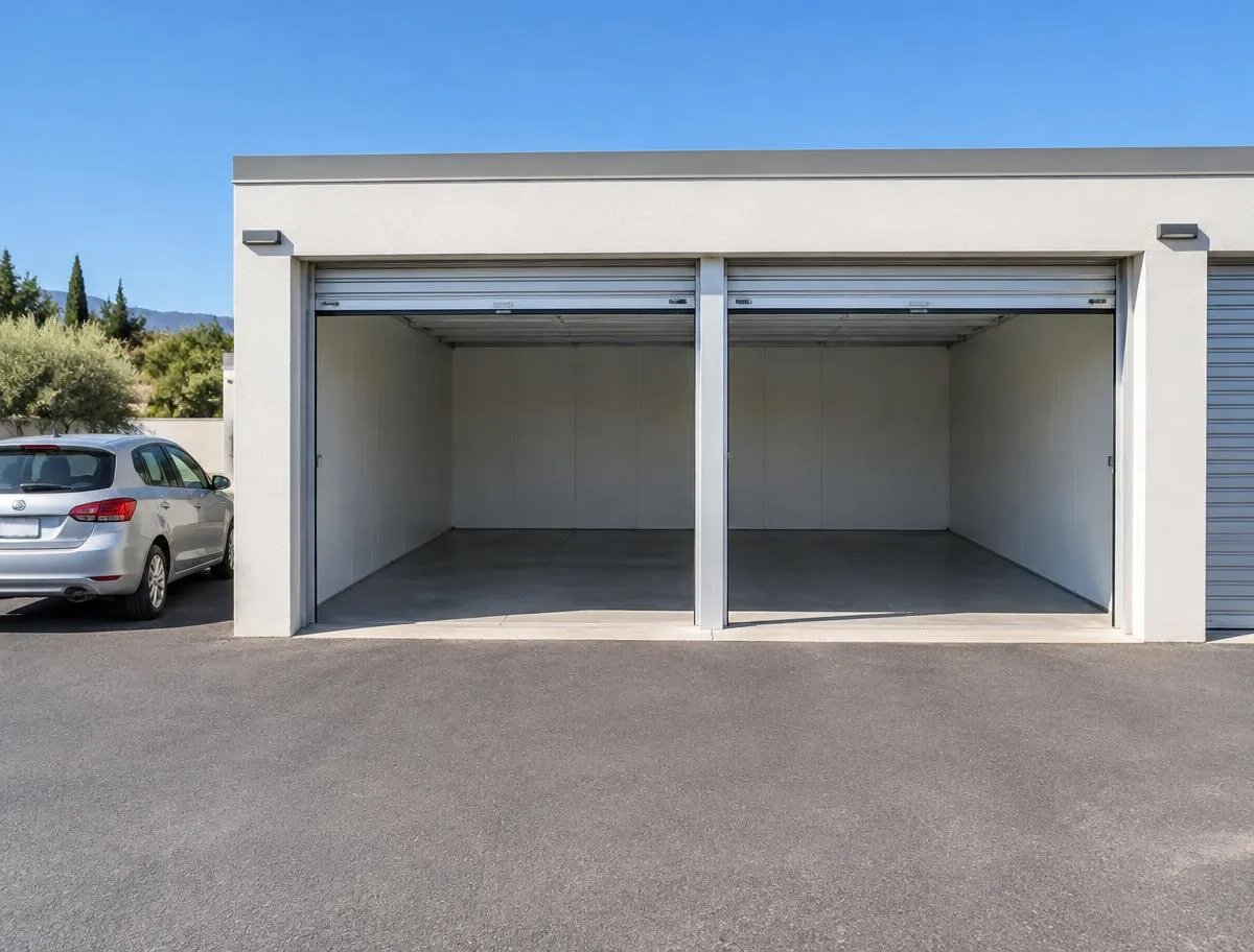 Double — storage unit with its roller door open and direct vehicle access